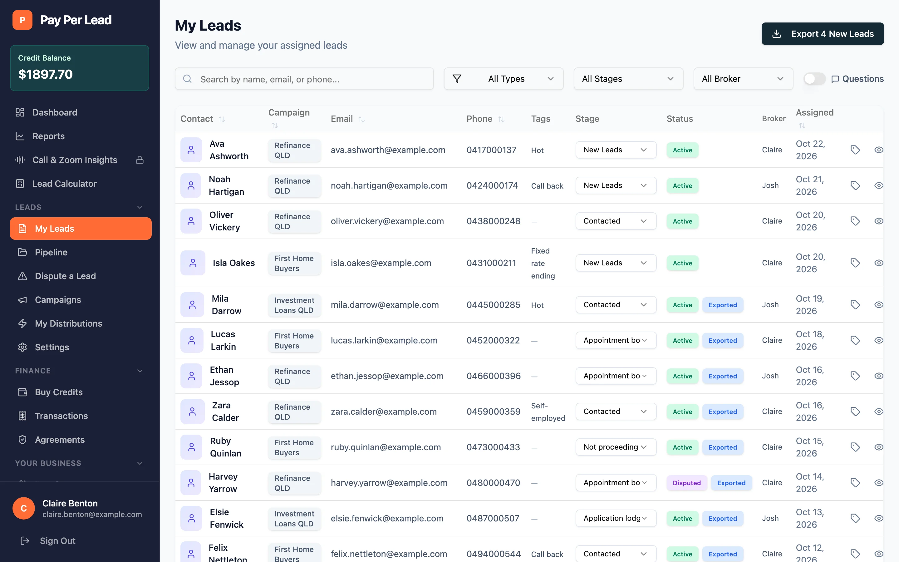 The My Leads table in the Pay Per Lead app: contact names, campaigns, emails, phone numbers, tags, a stage for each lead such as New Leads, Contacted or Appointment booked, and the date assigned.