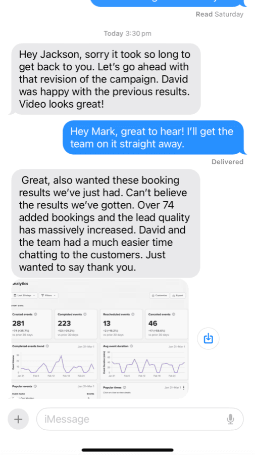Text message from a client: “Hey Jackson, sorry it took so long to get back to you. Let's go ahead with that revision of the campaign. David was happy with the previous results. Video looks great!” Then: “Great, also wanted these booking results we've just had. Can't believe the results we've gotten. Over 74 added bookings and the lead quality has massively increased. David and the team had a much easier time chatting to the customers. Just wanted to say thank you.” Below it, a booking analytics screenshot.