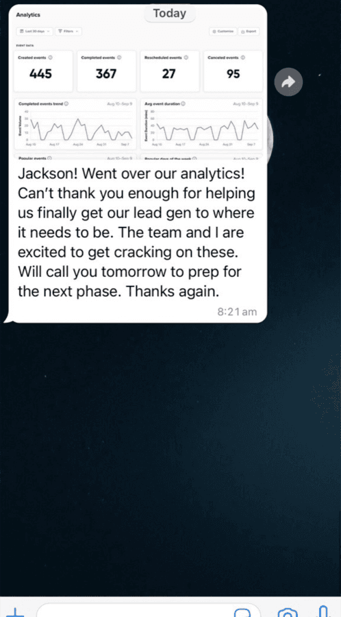 Message from a client below a booking analytics screenshot: “Jackson! Went over our analytics! Can't thank you enough for helping us finally get our lead gen to where it needs to be. The team and I are excited to get cracking on these. Will call you tomorrow to prep for the next phase. Thanks again.”